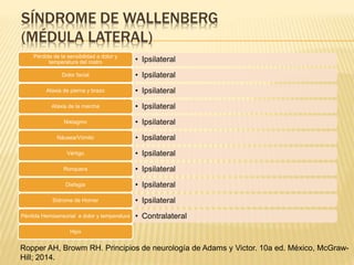 SÍNDROME DE WALLENBERG
(MÉDULA LATERAL)
• IpsilateralPérdida de la sensibilidad a dolor y
temperatura del rostro
• IpsilateralDolor facial
• IpsilateralAtaxia de pierna y brazo
• IpsilateralAtaxia de la marcha
• IpsilateralNistagmo
• IpsilateralNáusea/Vómito
• IpsilateralVértigo
• IpsilateralRonquera
• IpsilateralDisfagia
• IpsilateralSídrome de Horner
• ContralateralPérdida Hemisensorial a dolor y temperatura
Hipo
Ropper AH, Browm RH. Principios de neurología de Adams y Victor. 10a ed. México, McGraw-
Hill; 2014.
 