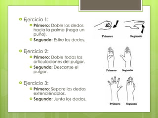 Ejercicio 1: Primero:  Doble los dedos hacia la palma (haga un puño).  Segundo:  Estire los dedos. Ejercicio 2: Primero:  Doble todas las articulaciones del pulgar. Segundo:  Descanse el pulgar. Ejercicio 3: Primero:  Separe los dedos extendiéndolos. Segundo:  Junte los dedos. 