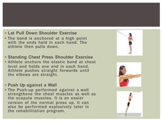 ◾Lat Pull Down Shoulder Exercise
◾The band is anchored at a high point
with the ends held in each hand. The
athlete then pulls down.
◾Standing Chest Press Shoulder Exercise
◾Athlete anchors the elastic band at chest
level and holds one end in each hand.
Athlete pushes straight forwards until
the elbows are straight.
◾Push Up against a Wall
◾The Push-up performed against a wall
strengthens the chest muscles as well as
the scapula muscles. It is an easier
version of the normal press up. It can
also be performed explosively later in
the rehabilitation program.
 
