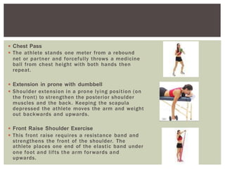 ◾ Chest Pass
◾ The athlete stands one meter from a rebound
net or partner and forcefully throws a medicine
ball from chest height with both hands then
repeat.
◾ Extension in prone with dumbbell
◾ Shoulder extension in a prone lying position (on
the front) to strengthen the posterior shoulder
muscles and the back. Keeping the scapula
depressed the athlete moves the arm and weight
out backwards and upwards.
◾ Front Raise Shoulder Exercise
◾ This front raise requires a resistance band and
strengthens the front of the shoulder. The
athlete places one end of the elastic band under
one foot and lifts the arm forwards and
upwards.
 
