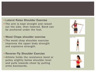 ◾Lateral Raise Shoulder Exercise
◾The arm is kept straight and raised
out the side, then lowered. Band can
be anchored under the foot.
◾Wood Chops shoulder exercise
◾The wood chop shoulder exercise
improves the upper body strength
and explosive strength.
◾Reverse Fly Shoulder Exercise
◾Athlete holds the resistance band or
pulley slightly below shoulder level
and pulls towards chest by pulling
arms backwards.
 