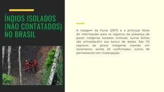 A listagem da Funai (2017) é a principal fonte
de  informações para os registros da presença de
povos  indígenas isolados, contudo, outras fontes
são  utilizadas.Em seu banco de dados, São 115
registros de povos  indígenas vivendo em
isolamento, sendo 28  confirmados, outros 86
permanecem em investigação.
ÍNDIOS ISOLADOS
(NÃO CONTATADOS)
NO BRASIL
 