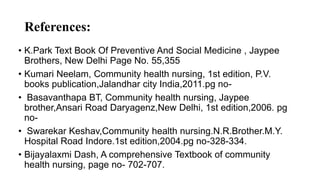 References:
• K.Park Text Book Of Preventive And Social Medicine , Jaypee
Brothers, New Delhi Page No. 55,355
• Kumari Neelam, Community health nursing, 1st edition, P.V.
books publication,Jalandhar city India,2011.pg no-
• Basavanthapa BT, Community health nursing, Jaypee
brother,Ansari Road Daryagenz,New Delhi, 1st edition,2006. pg
no-
• Swarekar Keshav,Community health nursing.N.R.Brother.M.Y.
Hospital Road Indore.1st edition,2004.pg no-328-334.
• Bijayalaxmi Dash, A comprehensive Textbook of community
health nursing, page no- 702-707.
 