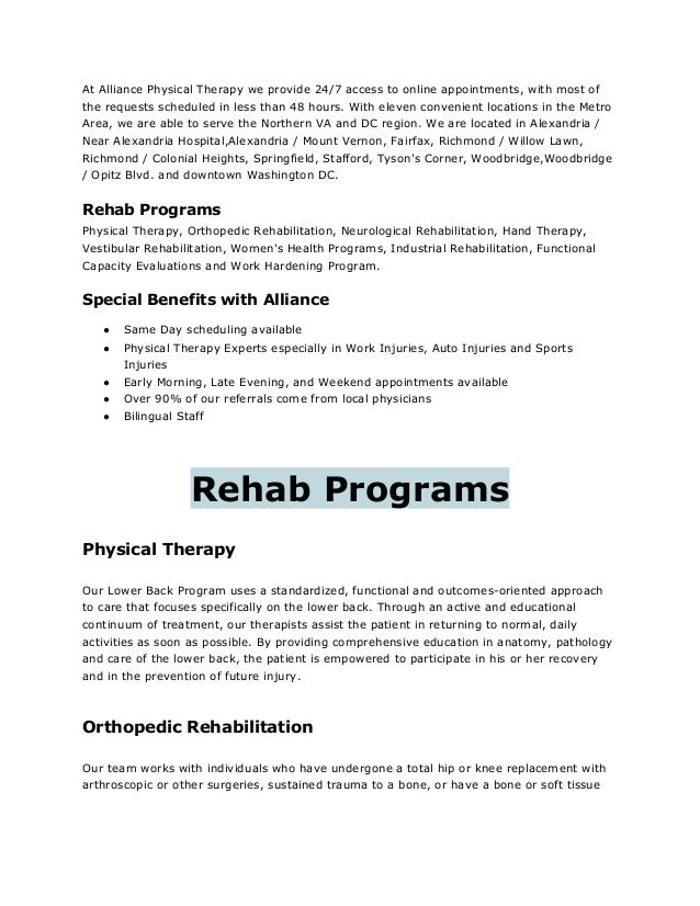 rehab programs at alliance physical therapyrehab programs at alliance team works physical therapy
