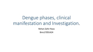 Dengue phases, clinical
manifestation and Investigation.
Rehan Zahir Raza
Bms17091424
 
