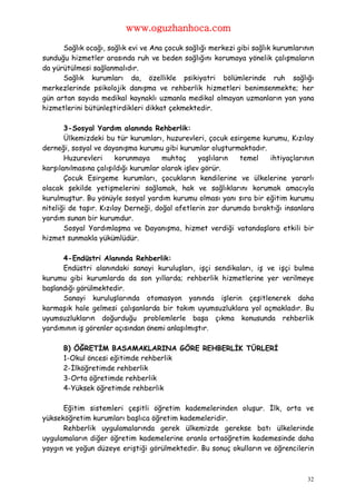 www.oguzhanhoca.com

      Sağlık ocağı, sağlık evi ve Ana çocuk sağlığı merkezi gibi sağlık kurumlarının
sunduğu hizmetler arasında ruh ve beden sağlığını korumaya yönelik çalışmaların
da yürütülmesi sağlanmalıdır.
      Sağlık kurumları da, özellikle psikiyatri bölümlerinde ruh sağlığı
merkezlerinde psikolojik danışma ve rehberlik hizmetleri benimsenmekte; her
gün artan sayıda medikal kaynaklı uzmanla medikal olmayan uzmanların yan yana
hizmetlerini bütünleştirdikleri dikkat çekmektedir.

       3-Sosyal Yardım alanında Rehberlik:
       Ülkemizdeki bu tür kurumları, huzurevleri, çocuk esirgeme kurumu, Kızılay
derneği, sosyal ve dayanışma kurumu gibi kurumlar oluşturmaktadır.
       Huzurevleri      korunmaya     muhtaç      yaşlıların temel   ihtiyaçlarının
karşılanılmasına çalışıldığı kurumlar olarak işlev görür.
       Çocuk Esirgeme kurumları, çocukların kendilerine ve ülkelerine yararlı
olacak şekilde yetişmelerini sağlamak, hak ve sağlıklarını korumak amacıyla
kurulmuştur. Bu yönüyle sosyal yardım kurumu olması yanı sıra bir eğitim kurumu
niteliği de taşır. Kızılay Derneği, doğal afetlerin zor durumda bıraktığı insanlara
yardım sunan bir kurumdur.
       Sosyal Yardımlaşma ve Dayanışma, hizmet verdiği vatandaşlara etkili bir
hizmet sunmakla yükümlüdür.

      4-Endüstri Alanında Rehberlik:
      Endüstri alanındaki sanayi kuruluşları, işçi sendikaları, iş ve işçi bulma
kurumu gibi kurumlarda da son yıllarda; rehberlik hizmetlerine yer verilmeye
başlandığı görülmektedir.
      Sanayi kuruluşlarında otomasyon yanında işlerin çeşitlenerek daha
karmaşık hale gelmesi çalışanlarda bir takım uyumsuzluklara yol açmakladır. Bu
uyumsuzlukların doğurduğu problemlerle başa çıkma konusunda rehberlik
yardımının iş görenler açısından önemi anlaşılmıştır.

      B) ÖĞRETİM BASAMAKLARINA GÖRE REHBERLİK TÜRLERİ
      1-Okul öncesi eğitimde rehberlik
      2-İlköğretimde rehberlik
      3-Orta öğretimde rehberlik
      4-Yüksek öğretimde rehberlik

      Eğitim sistemleri çeşitli öğretim kademelerinden oluşur. İlk, orta ve
yükseköğretim kurumları başlıca öğretim kademeleridir.
      Rehberlik uygulamalarında gerek ülkemizde gerekse batı ülkelerinde
uygulamaların diğer öğretim kademelerine oranla ortaöğretim kademesinde daha
yaygın ve yoğun düzeye eriştiği görülmektedir. Bu sonuç okulların ve öğrencilerin



                                                                                  32
 