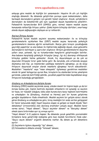 www.oguzhanhoca.com

anlayışa göre meslek de kişiliğin bir yansımasıdır. Hayatın ilk altı yılı kişiliğin
oluştuğu dönemdir. Bu dönemde geliştirilen çevreye uyum mekanizmaları, daha
karmaşık davranışların gelişimi için gerekli temeli oluşturur. Ancak, yetişkinlerin
davranışları da bebeklerinki gibi aynı içgüdüsel doyum kaynaklarına yöneliktir.
Psikanalitik kuramcılardan Brill (1949)’e göre, normal insanın meslek seçme
konusunda rehberliğe ihtiyacı yoktur. Çünkü kişinin bilinçdışı dürtüleri, onun hangi
alanda doyum sağlayacağını söyleyen en iyi rehberdir.

Roe’nun İhtiyaç Kuramı
Psikanalitik kuram meslek seçimini savunma mekanizmaları ile ve bilinçdışı
gereksinmelerle açıklarken Roe (1957) meslek seçme kararında psikolojik
gereksinmelerin önemine ağırlık vermektedir. Roe’ya göre bireyin çocukluğunda
geçirdiği yaşantılar ve ana-babası ile ilişkilerinde sağladığı doyum, onun gelecekte
davranışlarını belirleyen iç uyarıcıları oluşturur. Bireyin gereksinmelerini doyurma
yolları onun, yetenek, ilgi ve tutumlarından hangilerini geliştireceğini belirler.
Ana-babanın karşıladığı psikolojik ihtiyaçlar (sevgi, ilgi vb.) davranışı etkileyecek
bilinçdışı güdüler haline gelmezler. Ancak, hiç doyurulmayan ya da çok az
doyurulan ihtiyaçlar birer güdü haline gelir. Bu durumda, aile ortamında sevgiye
doymamış olan kişi, ya insanlardan uzaklaşıp nesnelerle uğraşmayı, ya da sevgi
ihtiyacını doyuracak araçlar olarak insanlarla uğraşmayı tercih edeceklerdir.
Meslekleri “insanlarla” veya “insan olmayanla” ilgilenmeyi gerektiren meslekler
olarak iki genel kategoriye ayıran Roe, bireylerin bu alanlardan birine yönelişinin
gerisinde, yukarıda belirtildiği şekilde, çocukluk yaşantılarından kaynaklanan sevgi
ihtiyacının bulunduğu görüşündedir.

Ginzberg ve Arkadaşlarının Gelişim Kuramı
Ginzberg (1952) meslek seçiminde savaş, aileden önemli bir kişinin kaybı ya da bir
mirasa konma gibi, kişinin kontrolü dışındaki etmenlerin rol oynadığı ve seçimin
bir kaza, bir tesadüf olduğunu iddia eden kuramcılara karşı tepkisini belirtmekte
ve arkadaşları ile (Ginzberg, Axelrad ve Herma) yeni bir kuram geliştirme
gereğini duyduklarını ifade etmektedir. Meslek seçimini bir gelişim süreci olarak
gören Ginzberg ve arkadaşlarına göre, birey mesleğini bir anda verilen gelişigüzel
bir karar sonucunda değil, hayat boyunca oluşan ve gelişen ve büyük ölçüde “Geri
dönülemez” (irreversible) olan davranış örüntüleri yoluyla seçer. Mesleki karar
verme süreci, “Hayal dönemi”, “Geçici seçimler dönemi” ve “Gerçekçi dönem”
olmak üzere birbirinden ayrı üç evreye ayrılır.
“Hayal dönemi” 6-11 yaşlarını kapsar. Bu dönemde çocuk genellikle çevresindeki
kirnselere karşı geliştirdiği özdeşime göre bazı meslek tercihlerini ifade eder.
“Geçici seçim dönemi” ergenlik dönemine rastlar. Bu dönem şu alt dönemlere
ayrılır:
(1) Seçimlerin ilgilere dayandığı “ilgi” dönemi,
(2) Yeteneklerin dikkate alındığı “Yetenek” dönemi,

                                                                                   38
 