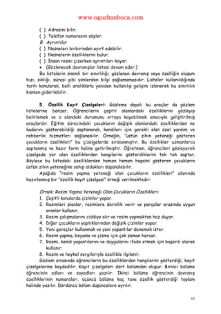 www.oguzhanhoca.com

       ( ) Adresini bilir.
       ( ) Telefon numarasını söyler.
       B. Ayrıntılar
       ( ) Nesneleri birbirinden ayırt edebilir.
       ( ) Nesnelerin özelliklerini bulur.
       ( ) İnsan resmi çizerken ayrıntıları koyar.
        (Gözlenecek davranışlar listesi devam eder.)
       Bu listelerin önemli bir sınırlılığı; gözlenen davranış veya özelliğin oluşum
hızı, sıklığı, süresi gibi yönlerden bilgi sağlamamasıdır. Listeler kullanıldığında
tarih konularak, belli aralıklarla yeniden kullanılıp gelişim izlenerek bu sınırlılık
kısmen giderilebilir.

       5. Özellik Kayıt Çizelgeleri: Gözleme dayalı bu araçlar da gözlem
listelerine benzer. Öğrencilerin çeşitli alanlardaki özelliklerini gözleyip
belirlemek ve o alandaki durumunu ortaya koyabilmek amacıyla geliştirilmiş
araçlardır. Eğitim sürecindeki çocukların değişik alanlardaki özelliklerden ne
kadarını gösterebildiği saptanarak, kendileri için gerekli olan özel yardım ve
rehberlik hizmetleri sağlanabilir. Örneğin, “üstün zihin yeteneği gösteren
çocukların özellikleri” bu çizelgelerde sıralanmıştır. Bu özellikler uzmanlarca
saptanmış ve hazır form haline getirilmiştir. Öğretmen, öğrencileri gözleyerek
çizelgede yer alan özelliklerden hangilerini gösterdiklerini tek tek saptar.
Böylece bu listedeki özelliklerden hemen hemen hepsini gösteren çocukların
üstün zihin yeteneğine sahip oldukları düşünülebilir.
       Aşağıda “resim yapma yeteneği olan çocukların özellikleri” alanında
hazırlanmış bir “özellik kayıt çizelgesi” örneği verilmektedir:

       Örnek: Resim Yapma Yeteneği Olan Çocukların Özellikleri:
       1. Çeşitli konularda çizimler yapar.
       2. Resimleri planlar, resimlere derinlik verir ve parçalar arasında uygun
           oranlar kullanır.
       3. Resim çalışmalarını ciddiye alır ve resim yapmaktan haz duyar.
       4. Diğer çocukların yaptıklarından değişik çizimler yapar.
       5. Yeni gereçler kullanmak ve yeni yaşantılar denemek ister.
       6. Resim yapma, boyama ve çizme için çok zaman harcar.
       7. Resmi, kendi yaşantılarını ve duygularını ifade etmek için başarılı olarak
           kullanır.
       8. Resim ve heykel sergileriyle özellikle ilgilenir.
       Gözlem sırasında öğrencilerin bu özelliklerden hangilerini gösterdiği, kayıt
çizelgelerine kaydedilir. Kayıt çizelgeleri dört bölümden oluşur. Birinci bölüme
öğrencinin adları ve soyadları yazılır. İkinci bölüme öğrencinin davranış
özelliklerinin numaraları, üçüncü bölüme kaç tane özellik gösterdiği toplam
halinde yazılır. Dördüncü bölüm düşüncelere ayrılır.

                                                                                   63
 