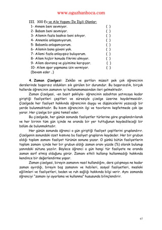 www.oguzhanhoca.com

      III. 300 Ev ve Aile Yaşamı İle İlgili Olanlar:
       1- Annem beni sevmiyor.                             (   )
       2- Babam beni sevmiyor.                             (   )
       3- Ailemin fazla baskısı beni sıkıyor.              (   )
       4- Annemle anlaşamıyorum.                           (   )
       5- Babamla anlaşamıyorum.                           (   )
       6- Ailemin bana güveni yok.                         (   )
       7- Ailemi fazla anlayışsız buluyorum.               (   )
       8- Ailem hiçbir konuda fikrimi almıyor.             (   )
       9- Ailem davranış ve giyimime karışıyor.            (   )
       10- Ailem spor yapmama izin vermiyor.               (   )
       (Devam eder ..)

       4. Zaman Çizelgesi: Zekâsı ve şartları müsait pek çok öğrencinin
derslerinde başarısız oldukları sık görülen bir durumdur. Bu başarısızlık, birçok
hallerde öğrencinin zamanını iyi kullanamamasından ileri gelmektedir.
       Zaman Çizelgesi, -en basit şekliyle- öğrencinin sabahtan yatıncaya kadar
giriştiği faaliyetleri çeşitleri ve süresiyle çizelge üzerine kaydetmesidir.
Çizelgede her faaliyet hakkında öğrencinin duygu ve düşüncelerini yazacağı bir
yerde bulunmaktadır. Bu kısım öğrencinin ilgi ve tavırlarını keşfetmede çok işe
yarar. Her çizelge bir günü temsil eder.
       Bu çizelgede, her günün sonunda faaliyetler türlerine göre gruplandırılarak
ve her birinin tüm gün içinde ne oranda bir yer tuttuğunun kaydedileceği bir
bölüm de bulunmaktadır.
       Her günün sonunda öğrenci o gün giriştiği faaliyet çeşitlerini gruplandırır.
Çizelgenin sonundaki özet kısmına bu faaliyet gruplarını kaydeder. Her bir grubun
aldığı toplam zamanı faaliyet türünün sonuna yazar. O günkü bütün faaliyetlerin
toplam zamanı içinde her bir grubun aldığı zaman oranı yüzde (%) olarak bulunup
yanındaki sütuna yazılır. Böylece öğrenci o gün hangi tür faaliyete ne oranda
zaman sarf etmiş olduğunu görür. Zamanı etkili kullanıp kullanmadığı hakkında
kendince bir değerlendirme yapar.
       Zaman çizelgesi, bireyin zamanını nasıl kullandığını, ders çalışmaya ne kadar
zaman ayırdığı, bireyin boş zamanını ve hobileri, sosyal faaliyetleri, mesleki
eğilimleri ve faaliyetleri, beden ve ruh sağlığı hakkında bilgi verir. Aynı zamanda
öğrenciyi “zamanı iyi ayarlama ve kullanma” hususunda bilinçlendirir.




                                                                                  67
 