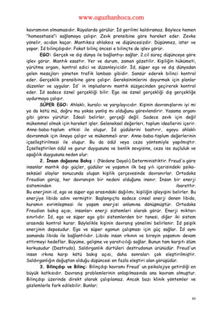 www.oguzhanhoca.com

kavramının olmamasıdır. Rüyalarda görülür. İd gerilimi kaldıramaz. Böylece hemen
"homeostasis"i sağlamaya çalışır. Zevk prensibine göre hareket eder. Zevke
yönelir, acıdan kaçar. Mantıksız ahlaksız ve düşüncesizdir. Düşünmez, ister ve
yapar. İd bilinçdışıdır. Fakat bilinç öncesi e bilinçte de işlev görür.
        EGO: Gerçek ve dış dünya ile bağlantıyı sağlar. 2.cil süreç düşünceye göre
işlev görür. Mantık esastır. Yer ve durum, zaman gözetilir. Kişiliğin hükümeti,
yürütme organı, kontrol edici ve düzenleyicidir. İd, süper ego ve dış dünyadan
gelen mesajları yöneten trafik lambası gibidir. Sansür ederek bilinci kontrol
eder. Gerçeklik prensibine göre çalışır. Gereksinimlerini doyurmak için planlar
düzenler ve uygular. İd' in impluslarını mantık süzgecinden geçirerek kontrol
eder. İd sadece öznel gerçekliği bilir. Ego ise öznel gerçekliği dış gerçekliğe
uydurmaya çalışır.
        SÜPER EGO: Ahlaklı, kuralcı ve yargılayıcıdır. Kişinin davranışlarını iyi mi
ya da kötü mü, doğru mu yoksa yanlış mı olduğunu görevlendirir. Yasama organı
gibi görev yürütür. İdeali belirler, gerçeği değil. Sadece zevk için değil
mükemmel olmak için hareket işler. Geleneksel değerleri, toplum ideallerini içerir.
Anne-baba-toplum etkisi ile oluşur. İd güdülerini bastırır, egoyu ahlaklı
davranmak için iknaya çalışır ve mükemmeli arar. Anne-baba-toplum değerlerinin
içselleştirilmesi ile oluşur. Bu da ödül veya ceza yöntemiyle yapılmıştır.
İçselleştirilen ödül ve gurur duygusuna ve benlik sevgisine, ceza ise suçluluk ve
aşağılık duygusuna neden olur.
        2. İnsan doğasına Bakış : (Nedene Dayalı) Deterministiktir. Freud'a göre
insanlar mantık dışı güçler, güdüler ve yaşamın ilk beş yılı içerisindeki psiko-
seksüel olaylar sonucunda oluşan kişilik çerçevesinde davranırlar. Ortodoks
Freudian görüş, her davranışın bir nedeni olduğuna inanır. İnsan bir enerji
sisteminden                                                                  ibarettir.
Bu enerjinin id, ego ve süper ego arasındaki dağılımı, kişiliğin işleyişini belirler. Bu
enerjiye libido adını vermiştir. Başlangıçta sadece cinsel enerji denen libido,
kuramın evrimleşmesi ile yaşam enerjisi anlamına dönüşmüştür. Ortodoks
Freudian bakış açısı, insanları enerji sistemleri olarak görür. Enerji miktarı
sınırlıdır. İd, ego ve süper ego gibi sistemlerden bir tanesi, diğer iki sistem
arasında kontrol kurar. Böylelikle kişinin davranış yönelimi belirlenir. İd psişik
enerjinin deposudur. Ego ve süper egonun çalışması için güç sağlar. İd aynı
zamanda libido ile bağlantılıdır. Libido insan ırkının ve bireyin yaşamını devam
ettirmeyi hedefler. Büyüme, gelişme ve yaratıcılığı sağlar. Bunun tam karşıtı ölüm
korkusudur (Destrudo). Saldırganlık dürtüleri destrudonun ürünüdür. Freud'un
insan ırkına karşı kötü bakış açısı, daha sonraları çok eleştirilmiştir.
Saldırganlığın doğuştan olduğu düşüncesi en fazla eleştiri alan görüşüdür.
        3. Bilinçdışı ve Bilinç: Bilinçdışı kavramı Freud' un psikolojiye getirdiği en
büyük katkısıdır. Davranış problemlerinin anlaşılmasında ana kavram olmuştur.
Bilinçdışı üzerinde direkt olarak çalışılamaz. Ancak bazı klinik yöntemler ve
gözlemlerle fark edilebilir. Bunlar;

                                                                                     80
 