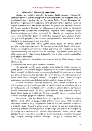 www.oguzhanhoca.com

             HÜMANİST (İNSANCI) YAKLAŞIM:
       Çağdaş bir psikoloji akımıdır. Kurucuları Gestaltçılardan etkilenmiştir.
Varoluşçu felsefe akımının görüşlerini benimsemişlerdir. Bu yaklaşımın öncü ve
temsilcileri Rogers, Maslow, Sartre, Charolette Bühler, Frankl, Binswagner'dir.
Davranışçı ve psikanalitik yaklaşımlara karşı görüşleri vardır. Özellikle insanı ele
alışları açısından öteki ekollerden ayrılırlar. Bu psikoterapi ekolünün kurucusu
Carl Rogers insanların temelde "iyi" olduklarına ve sürekli gelişerek, kendilerini
gerçekleştirmek istemelerine inanmaktaydı. Rogers'in temel varsayımı şudur:
İnsanların doğuştan getirdikleri en kuvvetli dürtü kendini gerçekleştirme, kendini
ifade etme dürtüsüdür. Çocuk ilk günlerden başlayarak bunu yapmaya başlar.
Çocuğun kendini gerçekleştirme dürtüsü, onun çevresindeki insanlarla ve o andaki
koşullarla her zaman uyum içinde olmayabilir.
       Örneğin sabah saat altıda uyanan çocuk, büyük bir zevkle, sesinin
yettiğince şarkı söylemeye başlar. Bu davranış, çocuk için bir kendini ifade etme,
kendini gerçekleştirme davranışıdır. Akşam geç yatmış olan ve sabahın o saatinde
uykusunu alamamış olan anne ve baba, bu davranışa "kapa çeneni, yanına gelirsem
kötü yaparım seni! " diye tepkide bulunabilir. İşte o anda çocuk iki seçenekten
birini seçmek zorundadır:
(1) Ya anne-babasının söylediğine aldırmayarak kendini ifade etmeye devam
etmek, ya da
(2) onların sözüne uyarak şarkı söylemeyi bırakmak.
       İlk seçeneği seçtiği zaman çocuğun anne-babasıyla ilişkisi olumsuz bir
yönde gelişir; çocuk onların sevgisini kaybedebilir ve sonunda cezalandırılabilir.
İkinci seçeneği izlediğinde çocuk anne-babasıyla ahenkli bir ortam yaratır, ancak
aynı zamanda kendi kendine şu mesajı da verir:" Senin ne istediğin önemli değil,
kimse senin mutlu olacağına aldırmaz. Bu yaşam içinde canının istediğini
yapamazsın, sen ancak anne-babanın yaptığını yaptığın sürece sevilirsin !"
       Çocuğun yaşamında yukarıda bahsedilen ikinci türden seçimler sık sık
tekrar ederse, çocuğun kendini gerçekleştirmesi törpülenir ve zamanla çocuk öyle
bir noktaya gelir ki, bu noktada kendini ifade etmeye yönelik istek ve dürtülerinin
farkına varmamaya başlar. Bu süreç kişinin kendine saygı duymasını engeller.
Çocuk kendi duygu ve isteklerinin farkına varmadığı sürece çevresiyle kendi
istekleri arasındaki çelişkinin de farkına varamaz.
       Bu nedenle çoğu kişi kendi istek ve duygularının "farkına varmamayı
öğrenir." Kendi istek ve duygularından gittikçe kopan birey, kendi kendisiyle
iletişimden uzaklaşır ve iç dünyasındaki istek ve dürtüleri arasında tutarsızlık,
ahenksizlik oluşur. Rogers'in psikoterapisi iç dünya ile davranış arasındaki bu
tutarsızlığı ortadan kaldırmaya yönelik bir psikolojik yaklaşımdır. Bu yaklaşım hiç
bir çocuğa ceza verilmemelidir şeklinde anlaşılmamalıdır. Yalnız ceza verirken
çocuğun "beni" ve davranışı arasında bir ayrım yapılmalıdır. Cezalandırılan çocuk
değil çocuğun davranışı olmalıdır. Örneğin" Yaptığın bu davranış kötü, bu



                                                                                  84
 