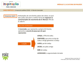 História da Cultura e das Artes 10
© Raiz Editora, 2018. Todos os direitos reservados.
JUDEU, pai de Lediça
PRIMEIRA PARTE
A AÇÃO
LEDIÇA, a filha do Judeu
Atribulações de uma família judaica de Lisboa, na qual
dois judeus discutem a melhor forma de organizar as
comemorações do nascimento de D. Manuel, filho de
D. João III.
CORTESÃO, que entra na loja do
Judeu e dirige galanteios a Lediça
JACOB, um judeu amigo
MÃE de Lediça
LICENCIADO, o argumentador do texto
FALA DO LICENCIADO
O Licenciado, que representa o próprio Gil Vicente,
apresenta o assunto da peça que ele quer
representar.
CASO PRÁTICO 2: O Auto da Lusitânia (1532) – A Fala do Licenciado
MÓDULO 5 | A CULTURA DO PALÁCIO
 