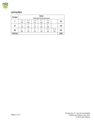 Página 12 |12
Exame-tipo 11.º ano de escolaridade
História da Cultura e das Artes
© 2019, Raiz Editora
COTAÇÕES
Grupo
Item
Cotação (em pontos)
I
1.1
10
1.2
10
1.3
15
2.1
10
2.2
10
55
II
1.
10
2.
10
3.
15
4.
15
5.
10
60
III
1.
20
2.
15
3.
15
4.
15
5.1
10
5.2
10
85
TOTAL 200
 
