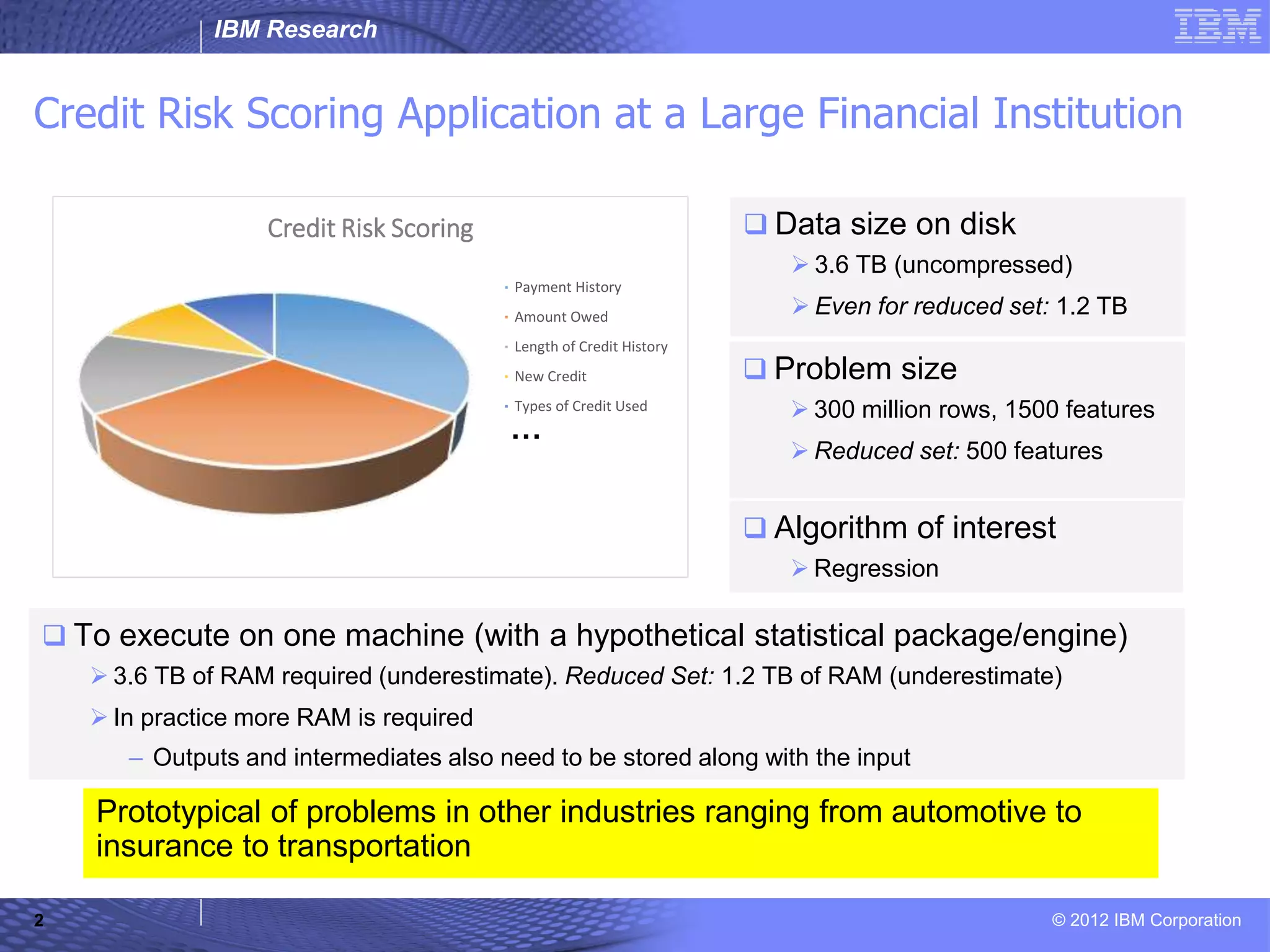 IBM Research © 2012 IBM Corporation Credit Risk Scoring Application at a Large Financial Institution  To execute on one machine (with a hypothetical statistical package/engine)  3.6 TB of RAM required (underestimate). Reduced Set: 1.2 TB of RAM (underestimate)  In practice more RAM is required – Outputs and intermediates also need to be stored along with the input 2 Prototypical of problems in other industries ranging from automotive to insurance to transportation Credit Risk Scoring Payment History Amount Owed Length of Credit History New Credit Types of Credit Used  Problem size  300 million rows, 1500 features  Reduced set: 500 features  Data size on disk  3.6 TB (uncompressed)  Even for reduced set: 1.2 TB  Algorithm of interest  Regression … 