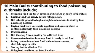 ©2022 The Joyful Class
10 Main Faults contributing to food poisoning
outbreaks include;
1. Preparing food too far in advance and storing at room temperature.
2. Cooling food too slowly before refrigeration.
3. Not reheating food to high enough temperatures to destroy food
poisoning bacteria
4. Buying food from unreliable suppliers and sources which is
contaminated with food poisoning bacteria
5. Undercooking
6. Not thawing frozen poultry for sufficient time
7. Cross-contamination from raw food to ready to eat food
8. Eating contaminated raw food such as bean sprouts,
shellfish, eggs or milk
9. Storing hot food below 63oc
10. Unhygienic and infected food handlers.
 