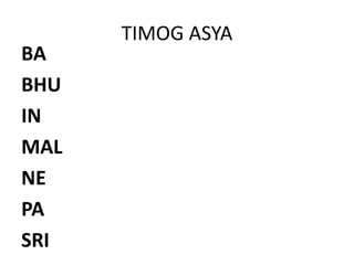 TIMOG ASYA
BA
BHU
IN
MAL
NE
PA
SRI
 