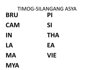 TIMOG-SILANGANG ASYA
BRU
CAM
IN
LA
MA
MYA
PI
SI
THA
EA
VIE
 