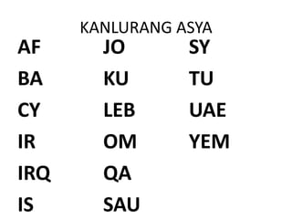 KANLURANG ASYA
AF
BA
CY
IR
IRQ
IS
JO
KU
LEB
OM
QA
SAU
SY
TU
UAE
YEM
 