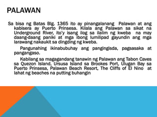 PALAWAN
Sa bisa ng Batas Blg. 1365 ito ay pinangalanang Palawan at ang
kabisera ay Puerto Prinsesa. Kilala ang Palawan sa sikat na
Underground River, ito’y isang ilog sa ilalim ng kweba na may
daang-daang paniki at mga ibong lumilipad gayundin ang mga
larawang nakaukit sa dingding ng kweba.
Pangunahing ikinabubuhay ang pangingisda, pagsasaka at
pangangaso.
Kabilang sa magagandang tanawin ng Palawan ang Tabon Caves
sa Quezon Island, Ursusa Island sa Brookes Port, Ulugan Bay sa
Puerto Prinsesa, Palawan Beach Resort, The Cliffs of El Nino at
lahat ng beaches na putting buhangin
 
