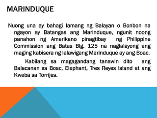 MARINDUQUE
Nuong una ay bahagi lamang ng Balayan o Bonbon na
ngayon ay Batangas ang Marinduque, ngunit noong
panahon ng Amerikano pinagtibay ng Philippine
Commission ang Batas Blg. 125 na naglalayong ang
maging kabisera ng lalawigang Marinduque ay ang Boac.
Kabilang sa magagandang tanawin dito ang
Balacanan sa Boac, Elephant, Tres Reyes Island at ang
Kweba sa Torrijes.
 
