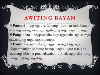 Pamuri – nag-ugat sa salitang “puri” at inihahanay
sa isang uri ng awit ng pag-ibig ng mga kapampangan
Pang-obra – nagpapakita ng pagpapahalaga sa mga
gawaing ng mga kapampangan
Paninta – awit bilang pagpaparangal ng mga
Kapampangan sa isang hayop, bagay, lugar o tao na
kanilang labis na pinahalagahan. Ipinalalagay din itong
isang awit ng pag-ibig
AWITING BAYAN
 