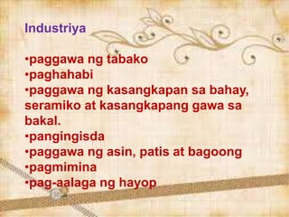 Industriya
•paggawa ng tabako
•paghahabi
•paggawa ng kasangkapan sa bahay,
seramiko at kasangkapang gawa sa
bakal.
•pangingisda
•paggawa ng asin, patis at bagoong
•pagmimina
•pag-aalaga ng hayop
 