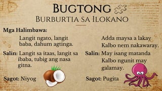 Bugtong
Mga Halimbawa:
Burburtia sa Ilokano
Langit ngato, langit
baba, dahum agtinga.
Salin: Langit sa itaas, langit sa
ibaba, tubig ang nasa
gitna.
Sagot: Niyog
Adda maysa a lakay
Kalbo nem nakawaray.
Salin: May isang matanda
Kalbo ngunit may
galamay.
Sagot: Pugita
 