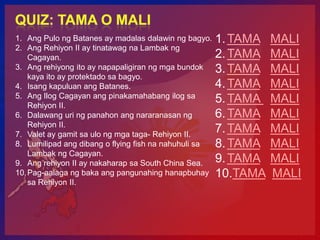 1. Ang Pulo ng Batanes ay madalas dalawin ng bagyo.    1. TAMA   MALI
2. Ang Rehiyon II ay tinatawag na Lambak ng
    Cagayan.                                           2. TAMA   MALI
3. Ang rehiyong ito ay napapaligiran ng mga bundok     3. TAMA   MALI
    kaya ito ay protektado sa bagyo.
4. Isang kapuluan ang Batanes.                         4. TAMA   MALI
5. Ang Ilog Cagayan ang pinakamahabang ilog sa
    Rehiyon II.
                                                       5. TAMA   MALI
6. Dalawang uri ng panahon ang nararanasan ng          6. TAMA   MALI
    Rehiyon II.
7. Valet ay gamit sa ulo ng mga taga- Rehiyon II.
                                                       7. TAMA   MALI
8. Lumilipad ang dibang o flying fish na nahuhuli sa   8. TAMA   MALI
    Lambak ng Cagayan.
9. Ang rehiyon II ay nakaharap sa South China Sea.     9. TAMA   MALI
10. Pag-aalaga ng baka ang pangunahing hanapbuhay      10.TAMA   MALI
    sa Rehiyon II.
 