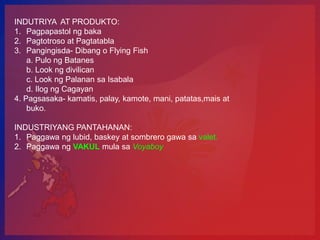 INDUTRIYA AT PRODUKTO:
1. Pagpapastol ng baka
2. Pagtotroso at Pagtatabla
3. Pangingisda- Dibang o Flying Fish
    a. Pulo ng Batanes
    b. Look ng divilican
    c. Look ng Palanan sa Isabala
    d. Ilog ng Cagayan
4. Pagsasaka- kamatis, palay, kamote, mani, patatas,mais at
    buko.

INDUSTRIYANG PANTAHANAN:
1. Paggawa ng lubid, baskey at sombrero gawa sa valet.
2. Paggawa ng VAKUL mula sa Voyaboy
 