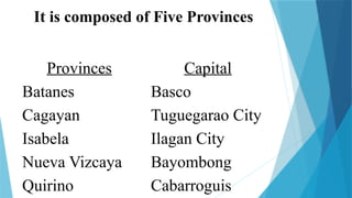 It is composed of Five Provinces
Provinces
Batanes
Cagayan
Isabela
Nueva Vizcaya
Quirino
Capital
Basco
Tuguegarao City
Ilagan City
Bayombong
Cabarroguis
 