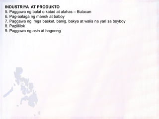 INDUSTRIYA AT PRODUKTO
5. Paggawa ng balat o katad at alahas – Bulacan
6. Pag-aalaga ng manok at baboy
7. Paggawa ng mga basket, banig, bakya at walis na yari sa boyboy
8. Paglililok
9. Paggawa ng asin at bagoong
 