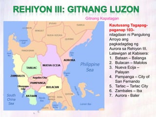 Gitnang Kapatagan
            Kautusang Tagapag-
            paganap 103-
            nilagdaan ni Pangulong
            Arroyo ang
            pagkadagdag ng
            Aurora sa Rehiyon III.
            Lalawigan at Kabisera:
            1. Bataan – Balanga
            2. Bulacan – Malolos
            3. Nueva Ecija –
                Palayan
            4. Pampanga – City of
                San Fernando
            5. Tarlac – Tarlac City
            6. Zambales – Iba
            7. Aurora - Baler
 