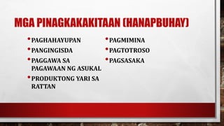 MGA PINAGKAKAKITAAN (HANAPBUHAY)
•PAGHAHAYUPAN
•PANGINGISDA
•PAGGAWA SA
PAGAWAAN NG ASUKAL
•PRODUKTONG YARI SA
RATTAN
•PAGMIMINA
•PAGTOTROSO
•PAGSASAKA
 