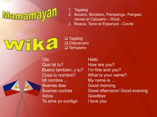 1. Tagalog
            2. Ilocano, Bicolano, Pampango, Pangasi
               nense at Cebuano – Rizal
            3. Bisaya, Tsino at Espanyol - Cavite


           Tagalog
           Chavacano
           Ternateño


Ola                    Hello
Que tal tu?            How are you?
Bueno tambien, y tu?   I’m fine and you?
Cosa tu nombre?        What is your name?
Mi nombre ...          My name is ...
Buenas dias            Good morning
Buenas noches          Good afternoon/ Good evening
Adios                  Goodbye
Ta ama yo cuntigo      I love you
 