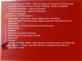c. Lungsod ng San Pablo – kilala sa tawag na “Lungsod ng Pitong Lawa”
   (Sampaloc,Padparan, Bunot,Pandin, Muhikap, Yambo at Calibato)
   d. Bundok Banahaw – Laguna at Quezon
   e. Bundok Makiling – Laguna at Batangas
2. Maburol – Batangas
INDUSTRIYA AT PRODUKTO
1. Pagsasaka – palay, tubo, niyog, saging, kape, sari-saring
   gulay, lanzones, rambutan,pinya, papaya, paminta, kape,kalamansi at
   dalanghita
2. Pangingisda – Look ng Tayabas at Look ng Lamon
3. Pagbuburda
4. Paglililok
5. Paggawa ng palayok at banga
6. Pag-aalaga ng mga kabayo at baka
7. Pagawaan
8. Turismo
   * Pagsanjan Falls, Hidden Valley Springs, Crocodile Lake, Los Baños Hot
   Springs, Rizal Shrine, Aguinaldo Shrine, Underground Cemetery at
   Japanese Garden
 