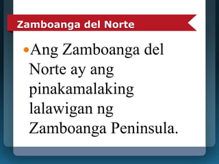 Zamboanga del Norte 
Ang Zamboanga del 
Norte ay ang 
pinakamalaking 
lalawigan ng 
Zamboanga Peninsula. 
 
