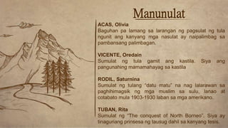 Manunulat
ACAS, Olivia
Baguhan pa lamang sa larangan ng pagsulat ng tula
ngunit ang kanyang mga nasulat ay naipalimbag sa
pambansang palimbagan.
VICENTE, Oredain
Sumulat ng tula gamit ang kastila. Siya ang
pangunahing mamamahayag sa kastila
RODIL, Saturnina
Sumulat ng tulang “datu matu” na nag lalarawan sa
paghihimagsik ng mga muslim sa sulu, lanao at
cotabato mula 1903-1930 laban sa mga amerikano.
TUBAN, Rita
Sumulat ng “The conquest of North Borneo”. Siya ay
tinaguriang prinsesa ng tausug dahil sa kanyang tesis.
 