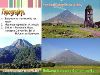 1. Tangway na may makitid na
   lupain
2. May mga kapatagan at lambak
3. Bulkan – Mayon sa Albay,
   Isarog sa Camarines Sur at
            Bulusan sa Sorsogon
 