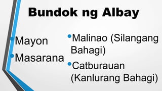 Bundok ng Albay
•Mayon
•Masarana
•Malinao (Silangang
Bahagi)
•Catburauan
(Kanlurang Bahagi)
 