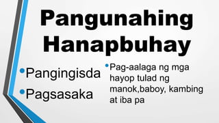 Pangunahing
Hanapbuhay
•Pangingisda
•Pagsasaka
•Pag-aalaga ng mga
hayop tulad ng
manok,baboy, kambing
at iba pa
 
