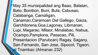•May 35 munisipalidad ang Baao, Balatan,
Bato, Bonibon, Buni, Bula, Cabusao,
Calabanga, Camaligan,
Canaman,Caramoan Del Gallego, Gaiza,
Garchitorena,Goa,Lagonay, Libmanan,
Lupi, Magarao, Milaor, Minalabac, Nabua,
Ocampo,Pamplona, Pasacao, Pili,
Presentacion (Parubcan) Ragay, Sagany,
San Fernando, San Jose, Sipocot, Tigaon,
at Tnambac (Almanac 232)
 