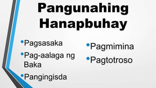 Pangunahing
Hanapbuhay
•Pagsasaka
•Pag-aalaga ng
Baka
•Pangingisda
•Pagmimina
•Pagtotroso
 