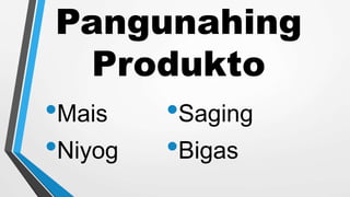 Pangunahing
Produkto
•Mais
•Niyog
•Saging
•Bigas
 