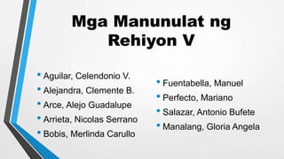 Mga Manunulat ng
Rehiyon V
• Aguilar, Celendonio V.
• Alejandra, Clemente B.
• Arce, Alejo Guadalupe
• Arrieta, Nicolas Serrano
• Bobis, Merlinda Carullo
• Fuentabella, Manuel
• Perfecto, Mariano
• Salazar, Antonio Bufete
• Manalang, Gloria Angela
 
