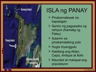 ISLA ng PANAY
 Pinakamalawak na
  kapatagan
 Sentro ng pagsasaka ng
  rehiyon (Kamalig ng
  Palay)
 Ikaanim sa
  pinakamalaking pulo
 Hugis triyanggulo
 Kabilang ang Aklan,
  Capiz, Antique at Iloilo
 Maunlad at makapal ang
  populasyon
 