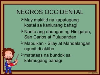 NEGROS OCCIDENTAL
  May makitid na kapatagang
   kostal sa kanlurang bahagi
  Narito ang daungan ng Hinigaran,
   San Carlos at Pulupandan
  Mabulkan - Silay at Mandalangan
   ngunit di aktibo
  matataas na bundok sa
   katimugang bahagi
 