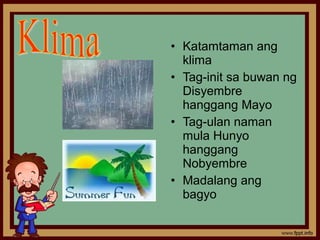 • Katamtaman ang
  klima
• Tag-init sa buwan ng
  Disyembre
  hanggang Mayo
• Tag-ulan naman
  mula Hunyo
  hanggang
  Nobyembre
• Madalang ang
  bagyo
 