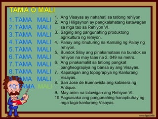 1. Ang Visayas ay nahahati sa tatlong rehiyon
1. TAMA   MALI   2. Ang Hiligaynon ay pangkalahatang katawagan
2. TAMA   MALI      sa mga tao sa Rehiyon VI.
                 3. Saging ang pangunahing produktong
3. TAMA   MALI      agrikultura ng rehiyon.
4. TAMA   MALI   4. Panay ang itinuturing na Kamalig ng Palay ng
                    rehiyon.
5. TAMA   MALI   5. Bundok Silay ang pinakamataas na bundok sa
6. TAMA   MALI      rehiyon na may taas na 2, 049 na metro.
                 6. Ang pinakamaliit sa tatlong pangkat
7. TAMA   MALI      pangheograpiya ng bansa ay ang Visayas.
8. TAMA   MALI   7. Kapatagan ang topograpiya ng Kanlurang
                    Visayas.
9. TAMA   MALI   8. San Jose de Buenavista ang kabisera ng
10.TAMA   MALI      Antique.
                 9. May anim na lalawigan ang Rehiyon VI.
                 10.Pagsasaka ang pangunahing hanapbuhay ng
                    mga taga-kanlurang Visayas.
 