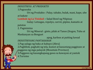 INDUSTRIYA AT PRODUKTO
1.Pagsasaka
          Uri ng Produkto : Palay, tabako, bulak, mani, kape, ube
at kakaw
Lambak ng La Tinidad – Salad Bowl ng Pilipinas
          Gulay: Letsugas, repolyo, carrot, pipino, kamatis at
patatas
2. Pagmimina
          Uri ng Mineral : ginto, pilak at Tanso (Itogon, Tuba at
Mankanyan sa Benguet
                             apog, karbon at putting luwad
INDUSTRIYANG PANTAHANAN
1.Pag-aalaga ng baka at kabayo (Abra)
2.Paglililok, paghabi ng tela, kumot at kasuotang pagginaw at
paggawa ng mga palayok (Mountain Province)
3.Paggawa ng kasangkapang gawa sa kawayan at yantok
4.Turismo
 