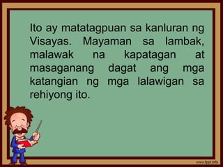 Ito ay matatagpuan sa kanluran ng
Visayas. Mayaman sa lambak,
malawak       na  kapatagan     at
masaganang dagat ang mga
katangian ng mga lalawigan sa
rehiyong ito.
 